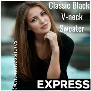 Express V-neck Sweater Black Neutral Ribbed Luxury Knit 3/4 Sleeve Size Small